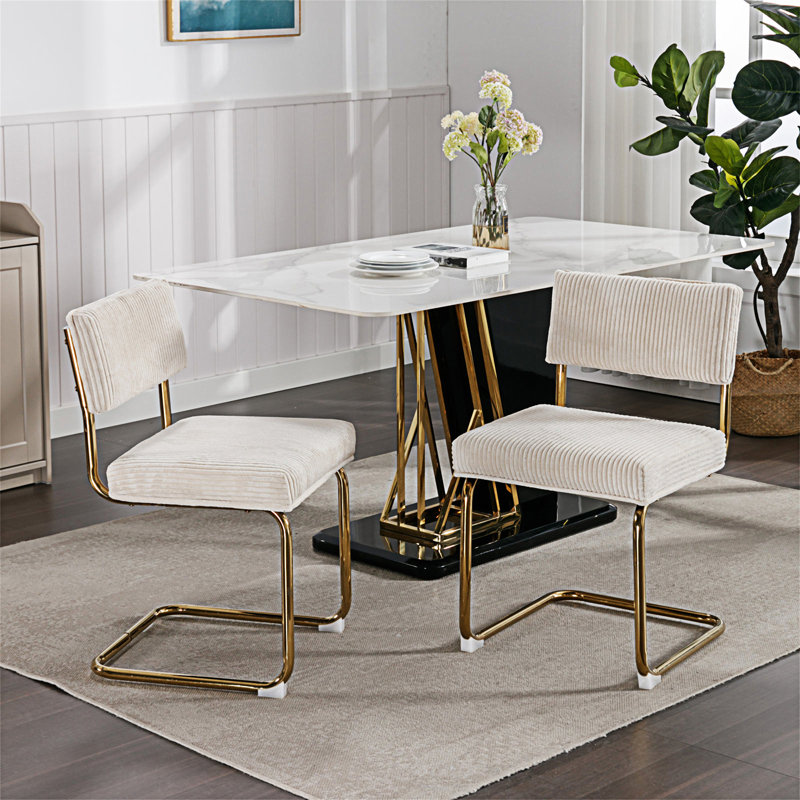 Corabella Modern Dining Chairs with Corduroy Fabric,Gold Metal Base, Accent Armless Kitchen Chairs with Channel Tufting, Side Chairs, Set of 2