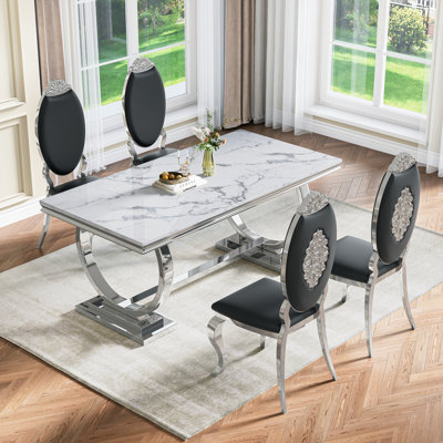 70" Dining Table Set, Faux Marble Dining Table Set With High Backrest Dining Chairs, Modern Kitchen & Dining Room Sets