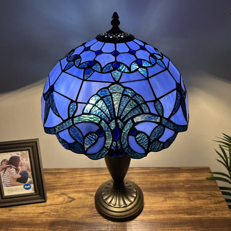 Tiffany Table Lamp Blue Stained Glass Baroque Style LED Bulb Included 14"W*14"D*21"H