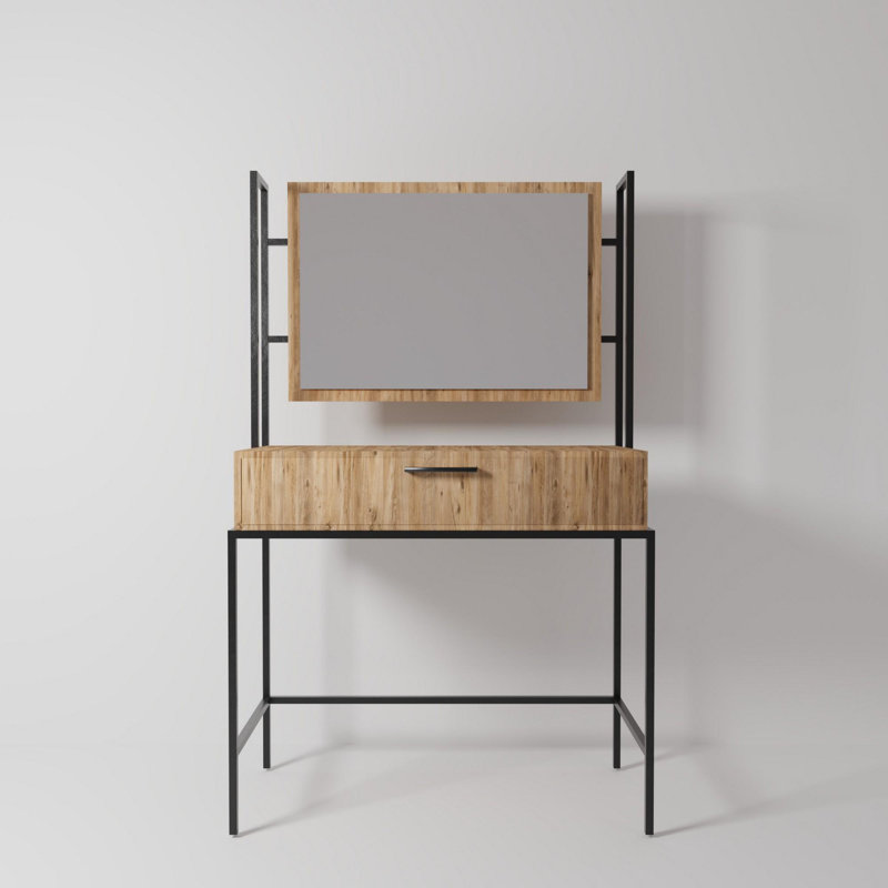 Aliona Dressing Table with Mirror, Pine/Black