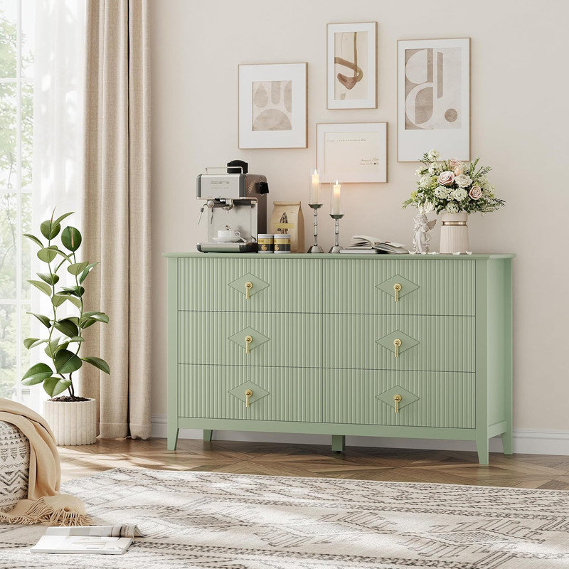 Commode cannelée 54 po à 6 tiroirs - Armoire de rangement moderne en bois, Vert