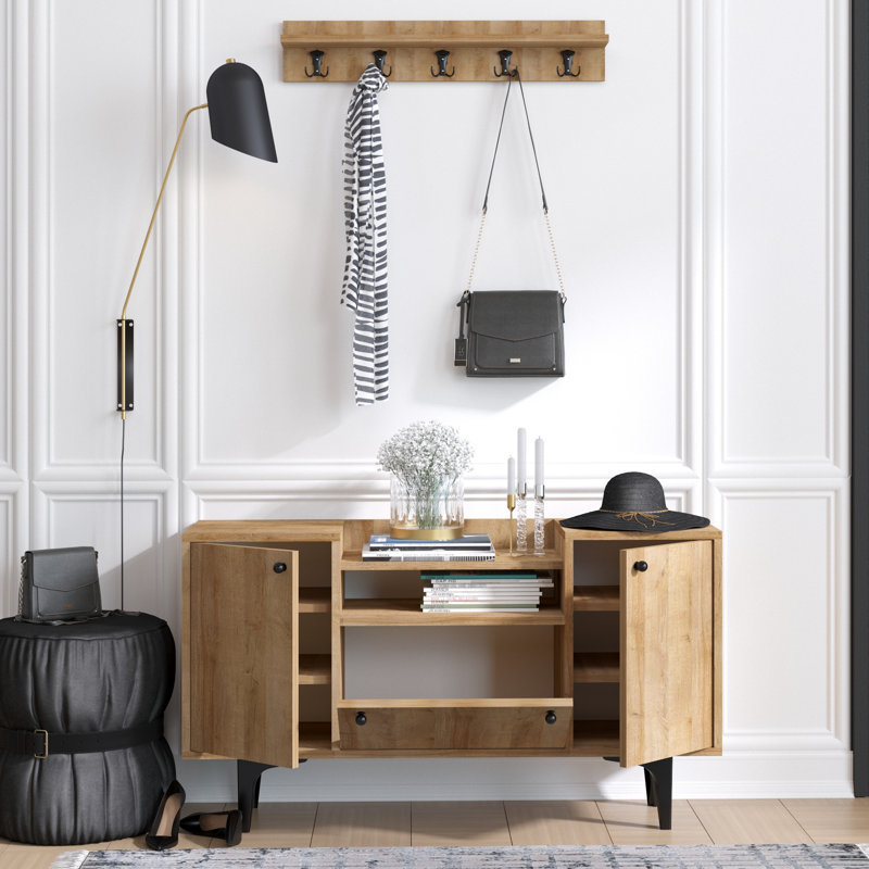 Élégante armoire à chaussures avec portemanteau suspendu, finition chêne, 47,2 po x 29,5 po x 13,8 po | 100% panneau de particules enduit de mélamine, épaisseur: 0,7 pouce | Comprend de nombreuses tablettes et une conception murale, parfaite pour le