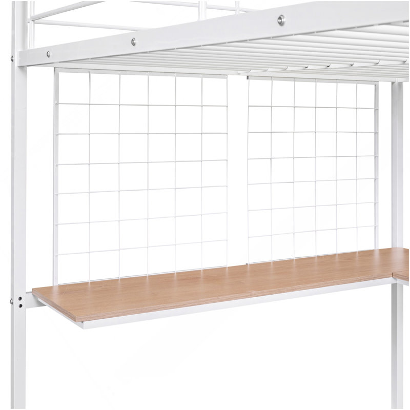 Lit mezzanine double en métal avec bureau et grille en métal, blanc
