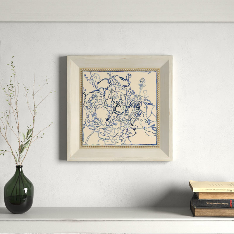 Indigo Floral Sketch by Megan Meagher, Cream, 16" W x 16" H