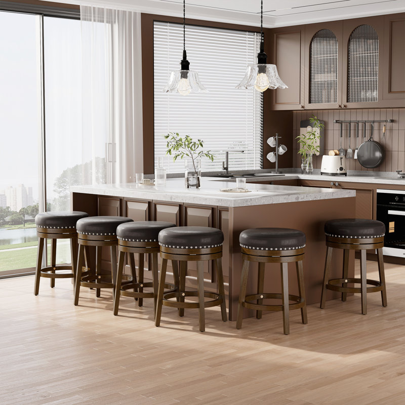 Upholstered Swivel Counter Bar Stool with Solid Wood Frame and Nailhead Trim, Brown, Counter Stool (25" Seat Height)