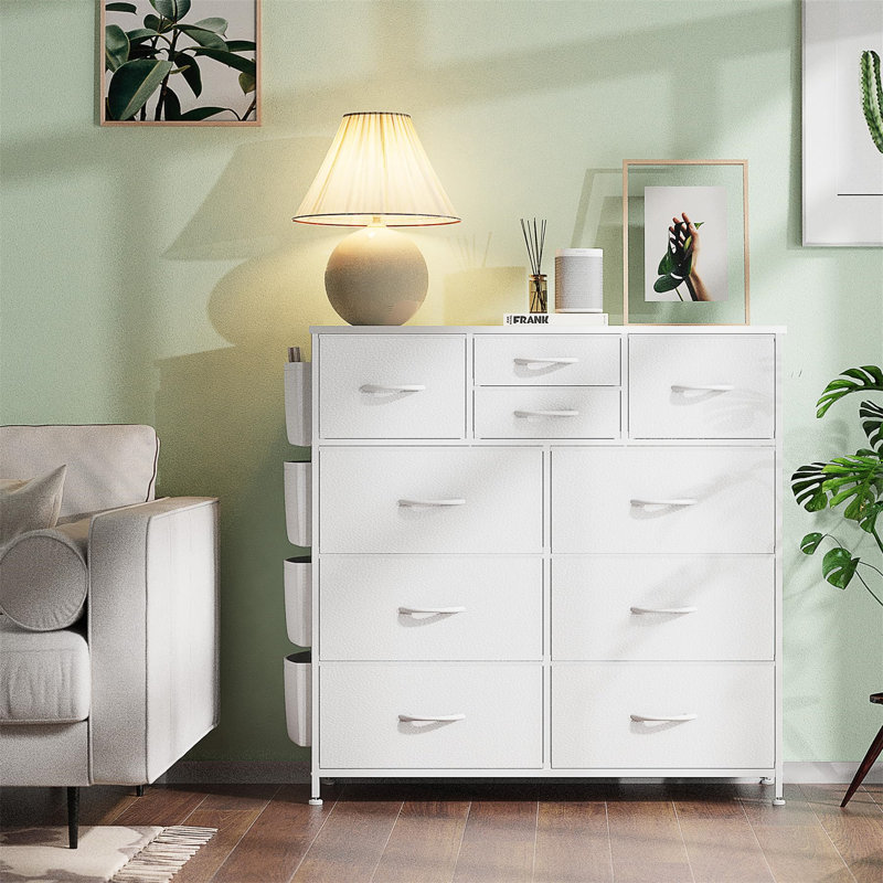 Tall Chest Of Drawers Bedroom, 10 Fabric Drawers Dresser With Side Pockets And Hooks, Wooden Top And Metal Frame, Storage Drawers For Closet, Living Room, Kids Room (Wood Grain)