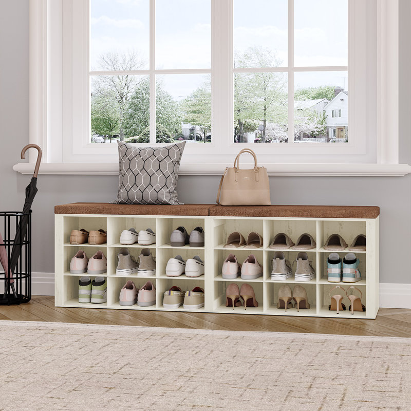 Banc de rangement pour chaussures avec coussin, armoire de rangement pour le hall d'entrée, long casier pour le salon, la chambre à coucher, le vestibule, blanc