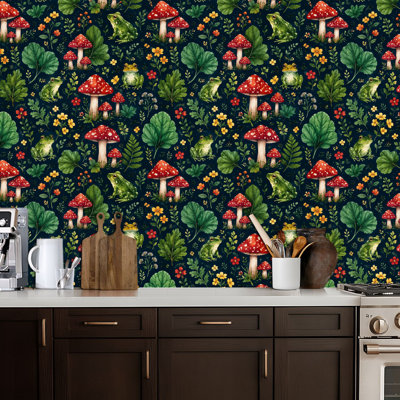Peel and Stick Wallpaper Whimsical Forest Scene Colorful Frogs Red Mushrooms Green Foliage Contact Paper Removable Self Adhesive Wall Mural Wall Decor for Bedroom Kitchen Cabinets 17.7in x 118in