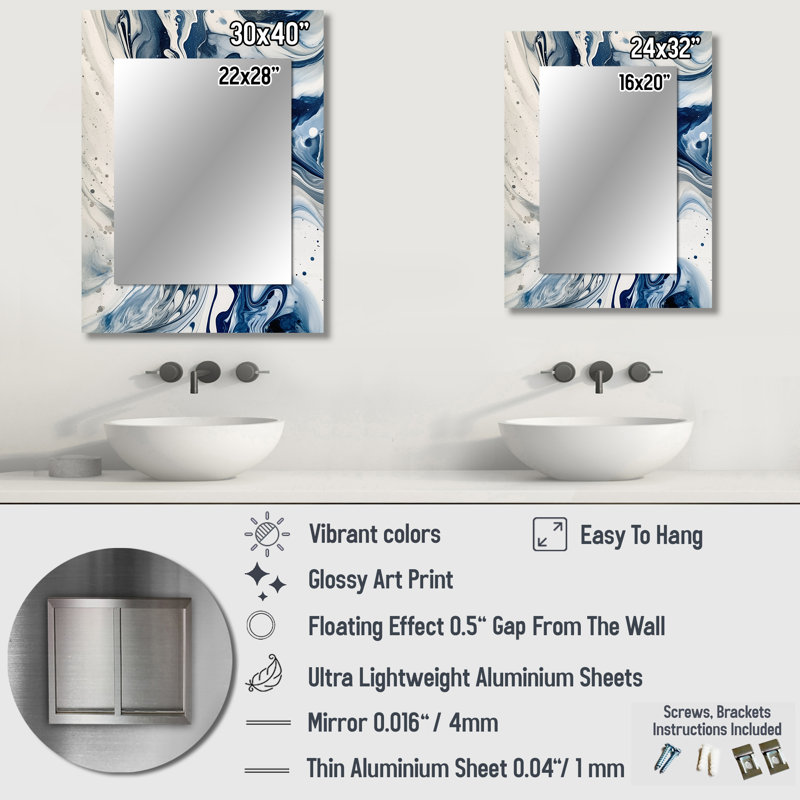 Blue and Grey Ethereal Elixir IV - Abstract Decorative Mirror On Metal, 40 po x 30 po