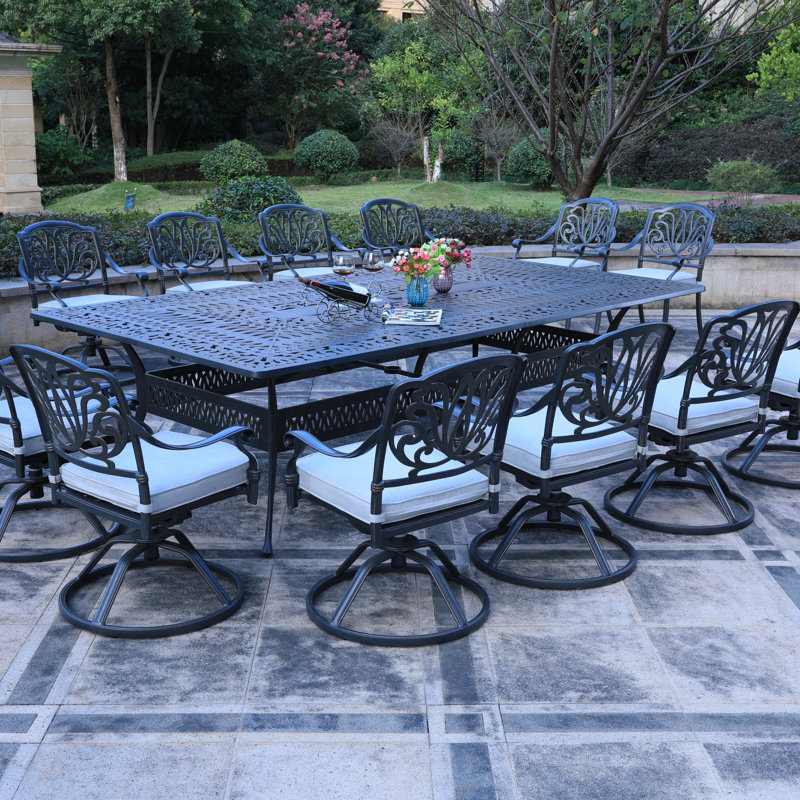Rectangular 12 - Person 108.07" Long Dining Set With Cushions, Dark Grey