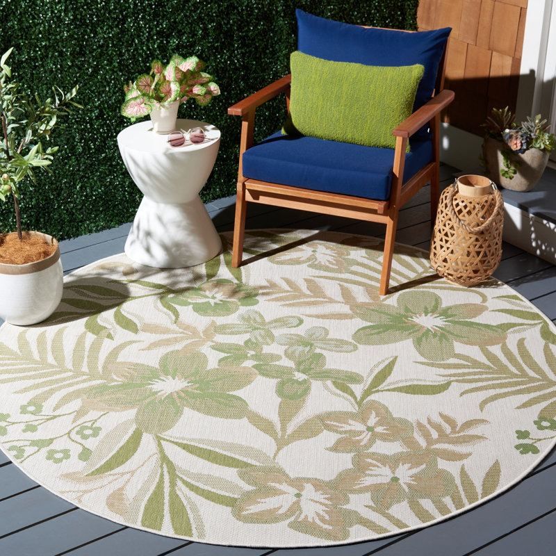 Aramantha Floral Power Loomed Indoor/Outdoor Area Rug in Ivory/Green/Pink, Round 6'7"