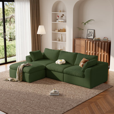 Canapé d'angle en forme de L 108 po Cloud sans ossature avec pouf, canapé modulable 4 places à assise profonde en tissu mousse bicolore, aucun assemblage requis pour le salon (vert)