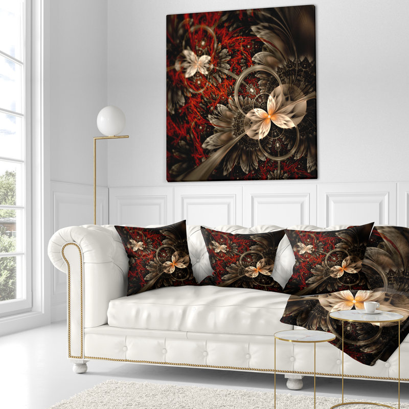 Motif de fleur rouge et orange fractal - coussin imprimé floral, 16 po x 1 po, Coussin décoratif