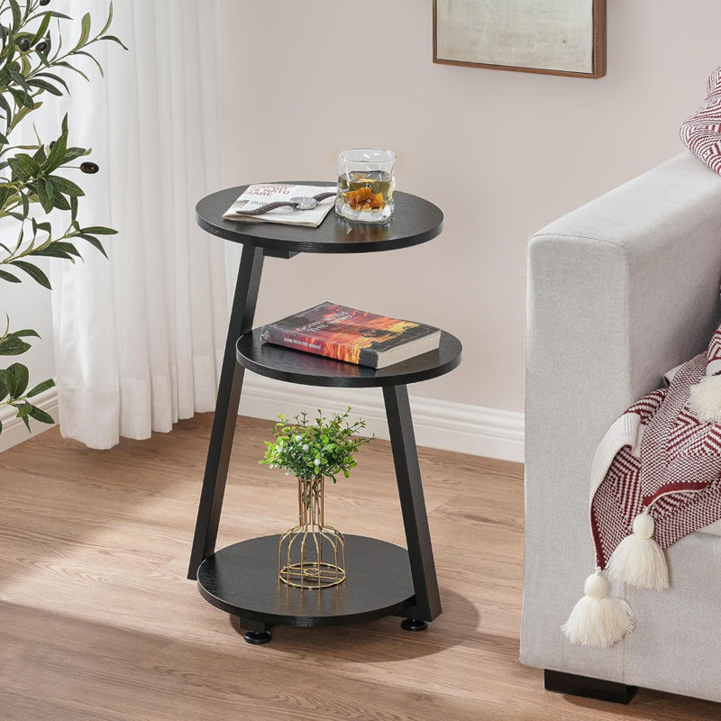 Table de bout ronde avec structure en métal, table de chevet d'appoint avec tablettes à 3 niveaux, Noir, noir, noir, noir