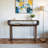 Modern Mango Wood & Travertine Console Table With Open Shelf And Sleek Curved Design