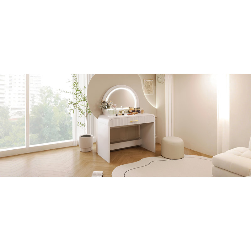 39" Makeup Vanity Table In White For Bedroom. Equipped With Touch Screen Lighted Mirror & Drawer. Curved Edges And Style. Ample Storage Options. Convenient. 20 Installation