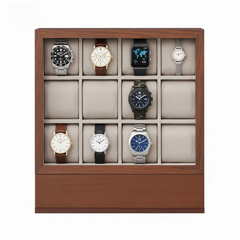Boîte à montre à 12 emplacements, boîte à montre en bois avec fenêtre en verre, idée cadeau, Brun café