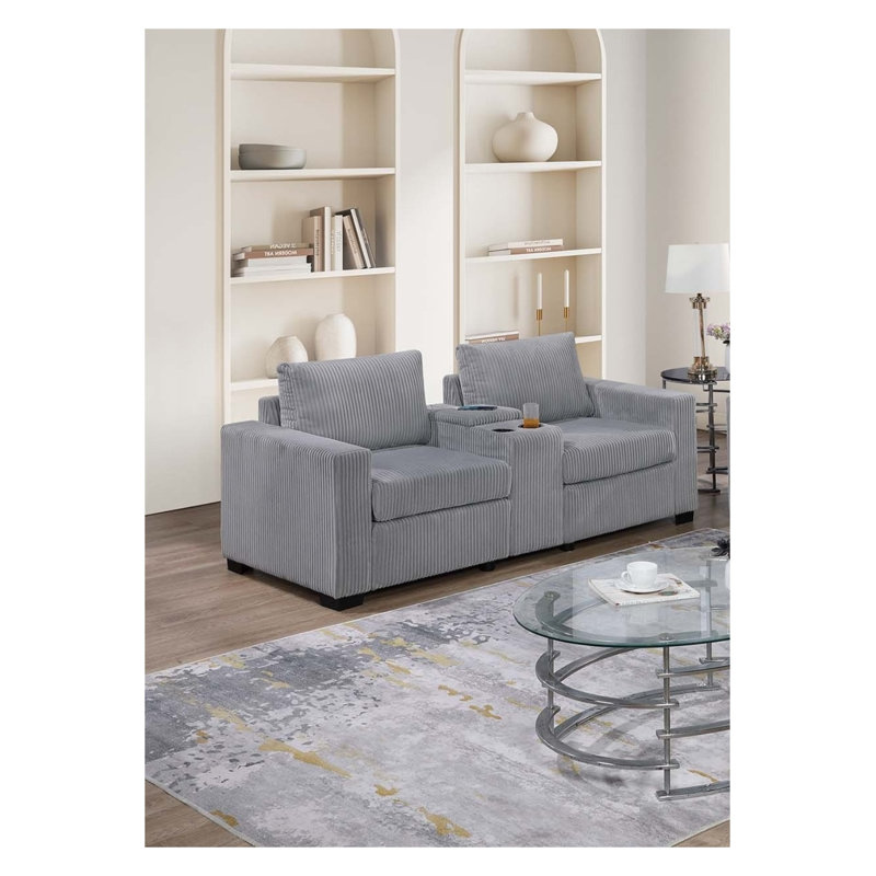 Élégant canapé simple avec console 2 pièces porte-gobelet et causeuse Ensemble de canapé en velours côtelé gris clair