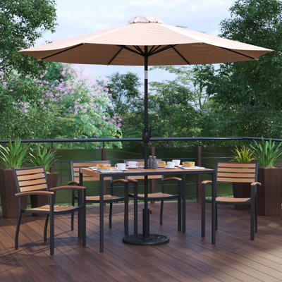 Abdikadir 30" x 48" Faux Teak Patio Table, 4 Chairs and 9FT Patio Umbrella with Base