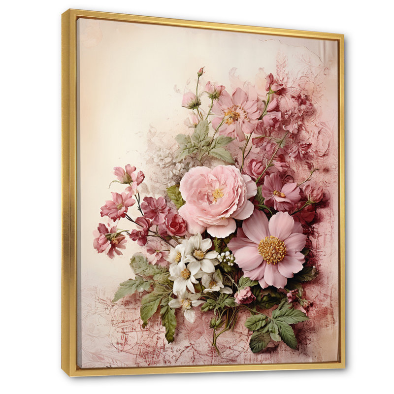 Bouquet de roses roses en fleurs, Cadre flottant doré, H 20 po x l 12 po x P 1 po