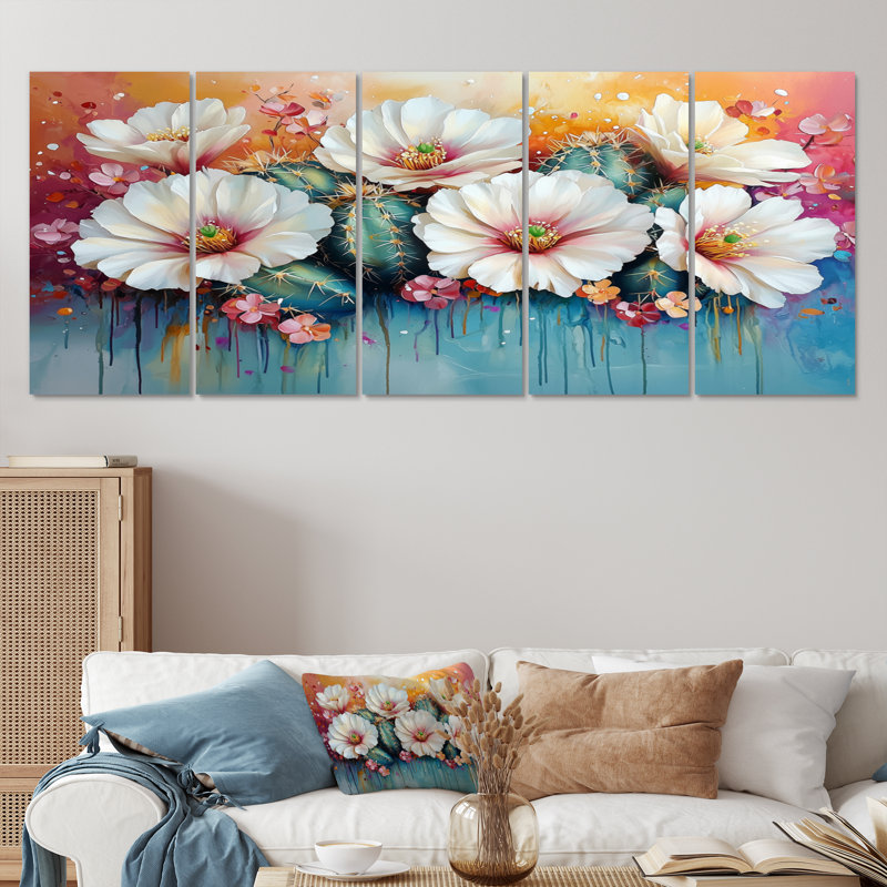 Beauté rose cactus blanc - Art mural floral cactus - Art mural traditionnel pour le salon, H 32 po x l 80 po, 5