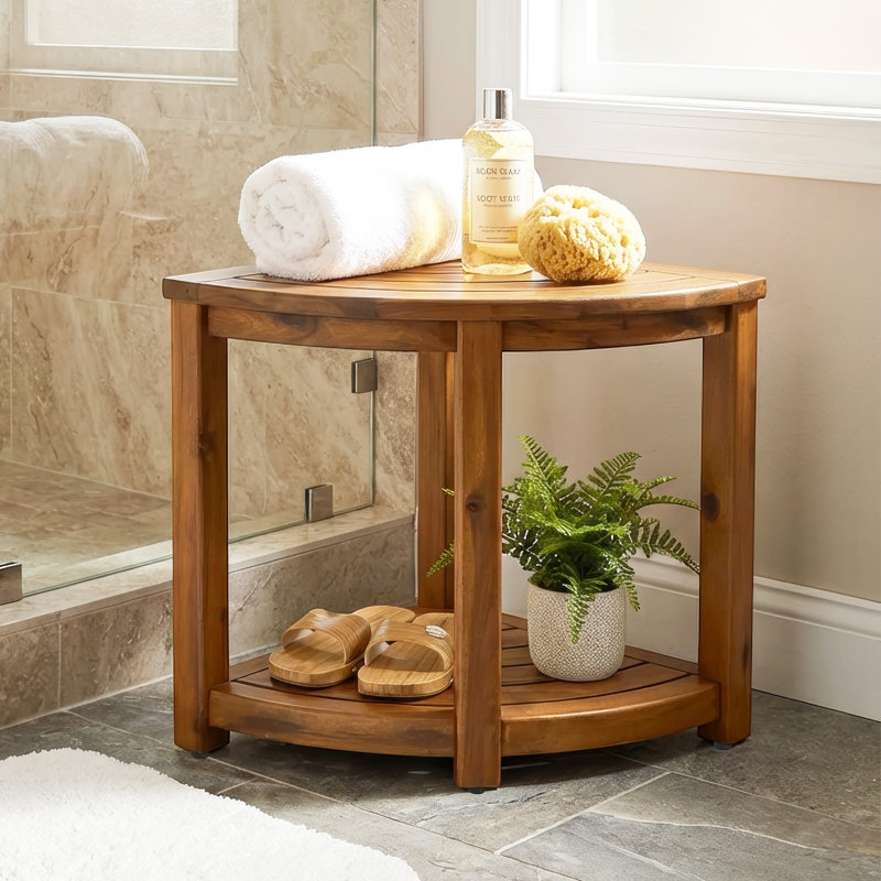 25" W Solid Teak Corner Shower Bench, Water Resistance Shower Chair & Shaving Footrest, Teak Bathroom Bench for Inside Shower