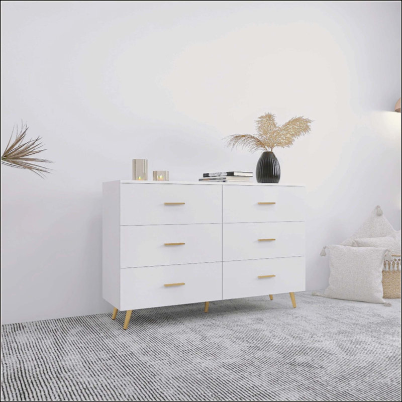 Commode 6 tiroirs à surface ultrabrillante avec poignée dorée et pieds en acier doré, Blanc