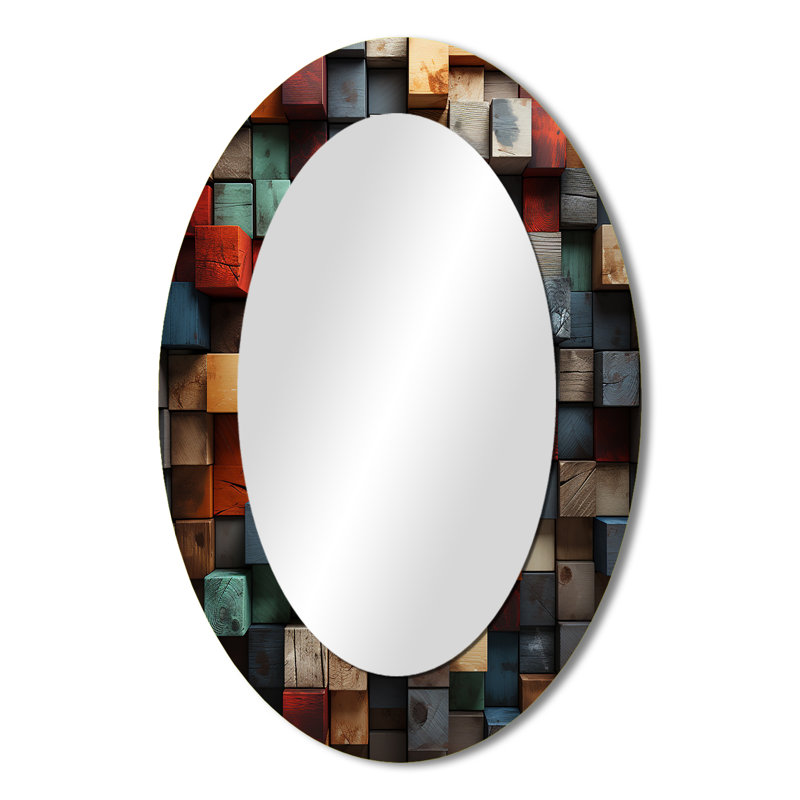 Cubes abstraits bleus et rouges II - décor de miroir mural ovale multicolore, H 36 po x l 24 po