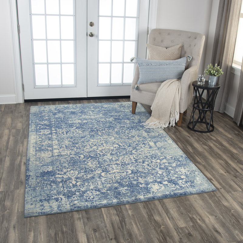 Tapis bleu/blanc en laine tissée à la machine Burkhardt, Rectangle 10 pi x 13 pi