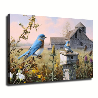 Bluebirds On Farm Barn Rural Wildflower Country Landscape, Large Gallery Wrapped Canvas Wall Art Print For Living Room Bedroom