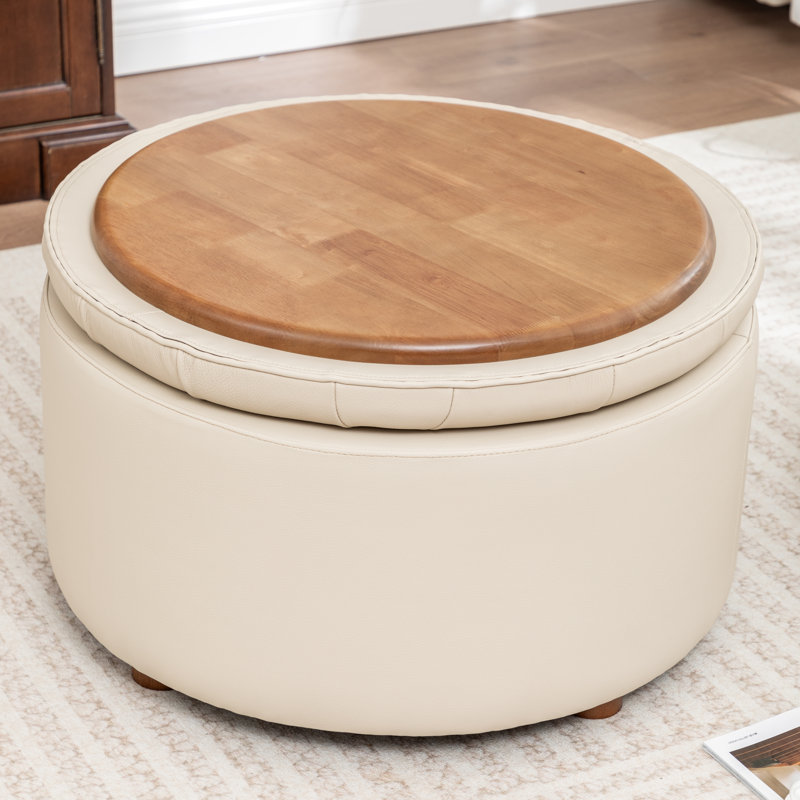 Repose-pieds de rangement en cuir véritable d'une largeur de 27,5 po avec deux coussins de sol, Beige
