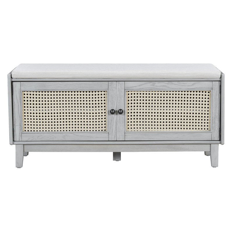Boho Rattan Entryway Bench With Storage, Cushioned Shoe Bench With Double Doors, Wooden Shoe Organizer Bench For Entryway And Hallway (Gray Wash+Beige )