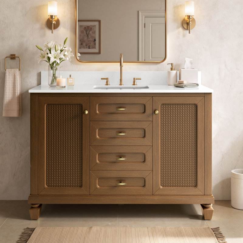 Meuble-lavabo simple autoportant 48 po avec comptoir en marbre d'ingénierie, lavabo en céramique, dosseret, Noyer Blanc, 48"