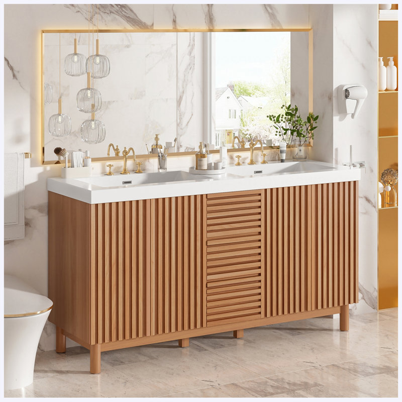 59" Double Sink Bathroom Vanity with SMC Resin Basin, MDF Cabinet with Solid Wood Legs, Soft-Close Hinges & Hidden Drawer System, Modern