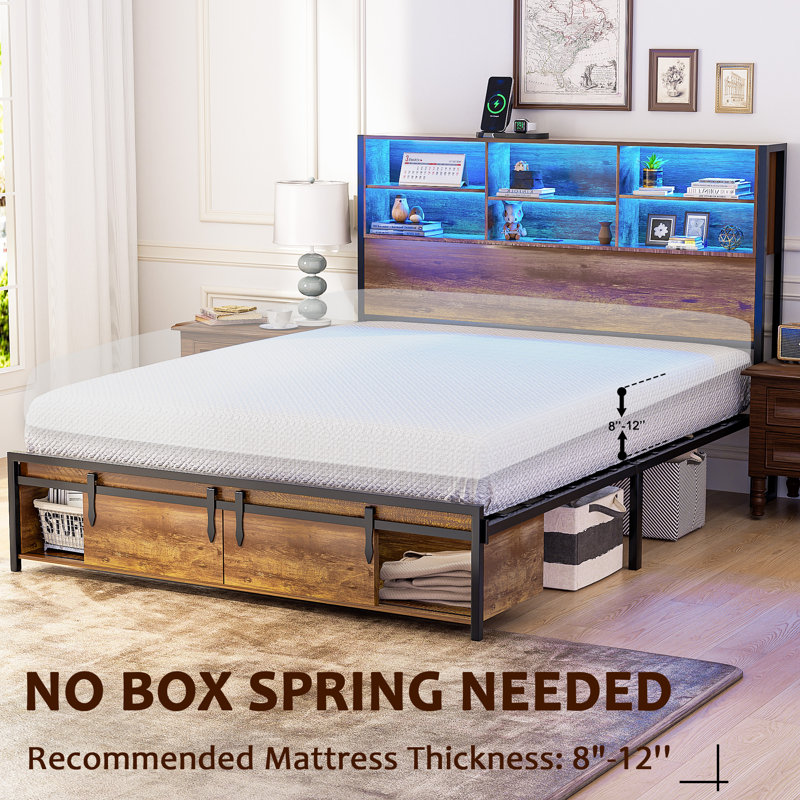 Bookcase Storage Bed, Bed Frame with Headboard and Sliding Barn Door Storage Cubbies, Full / Double
