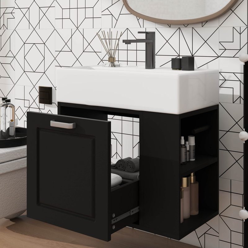 Meuble-lavabo de 21,8 po avec lavabo, armoire flottante murale, grand tiroir et tablette réglable, Noir