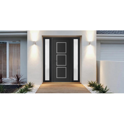 Porte d'entrée extérieure prémontée en PVC-U métal-plastique Manux 8661 noir mat avec 2 impostes latérales, pour bureaux, commerces et habitations, entrée, patio, garage, 173 x 203 cm (L 41 + 91 + 41 x H 203 cm), ouverture à droite vers l'intérieur. Dimensions : 173 x 203 cm (L 41 + 91 + 41 x H 203 cm).