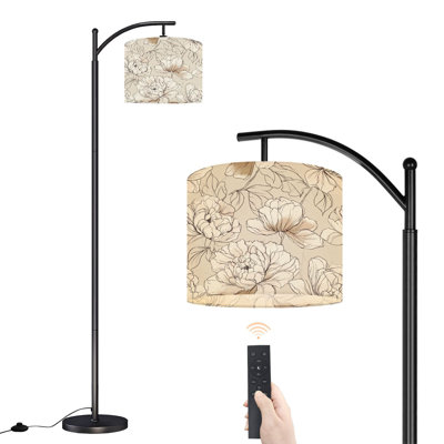 Arc Floor Lamp with Adjustable Lampshade Soft Beige Floral vintage Subtle Watercolor Standing Lamp 3 Color Temperatures Dimmable Tall Pole Lamp with Foot Switch for Bedroom