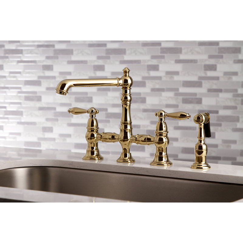 Kingston Brass English Country Two-Handle 4-Hole Deck Mount Bridge Kitchen Faucet with Brass Side Sprayer