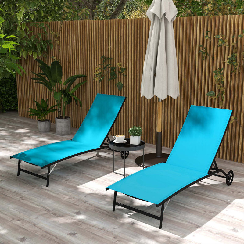 Outsunny Chaise Lounge Outdoor, 2 Piece Lounge Chair With Wheels, Tanning Chair With 5 Adjustable Positions, Blue