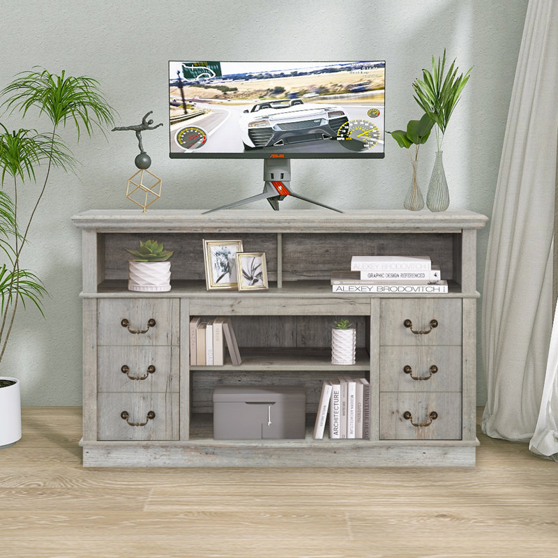 Console de divertissement pour téléviseur de 65 po ou moins Asare avec espace de rangement ouvert et fermé, Gris clair