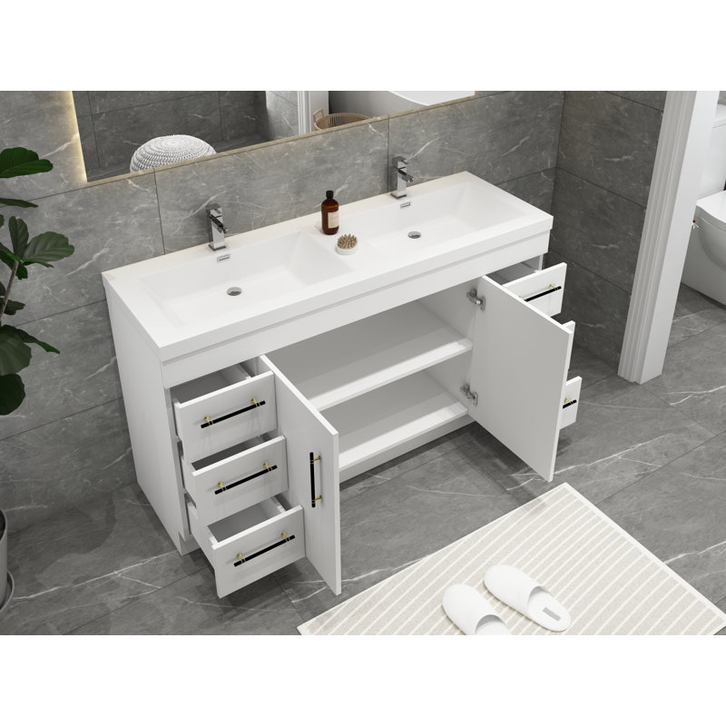 Carliss 60'' Double Bathroom Vanity with Acrylic Top, Glossy White, Black