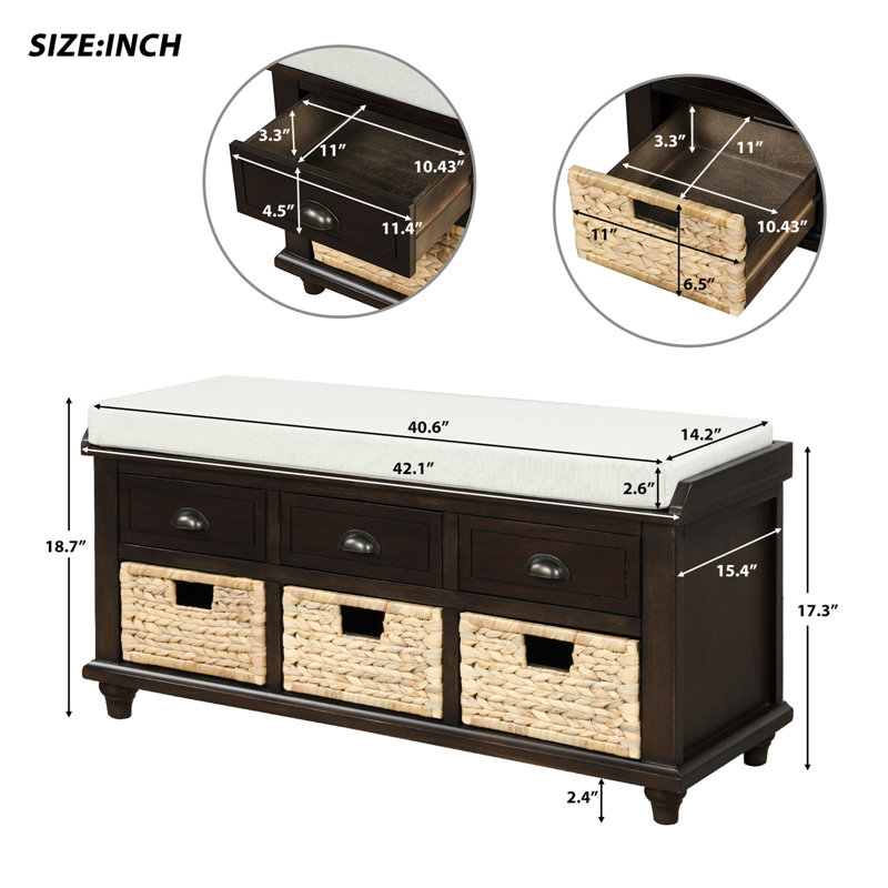 Rustic Storage Bench with 3 Drawers and 3 Rattan Baskets, Shoe Bench for Living Room, Entryway (), Espresso