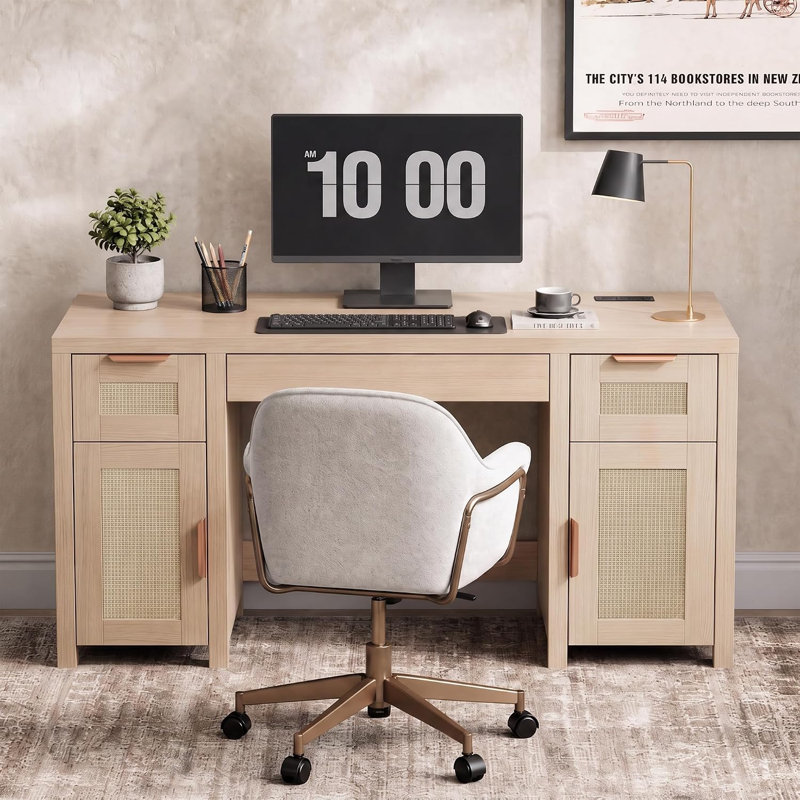 Bureau avec trois tiroirs et deux portes, Naturel
