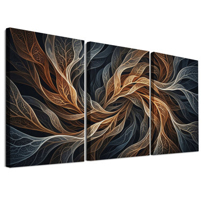 Ensemble de 3 toiles murales à motif de nervures de feuilles tourbillonnantes bronze et bleues