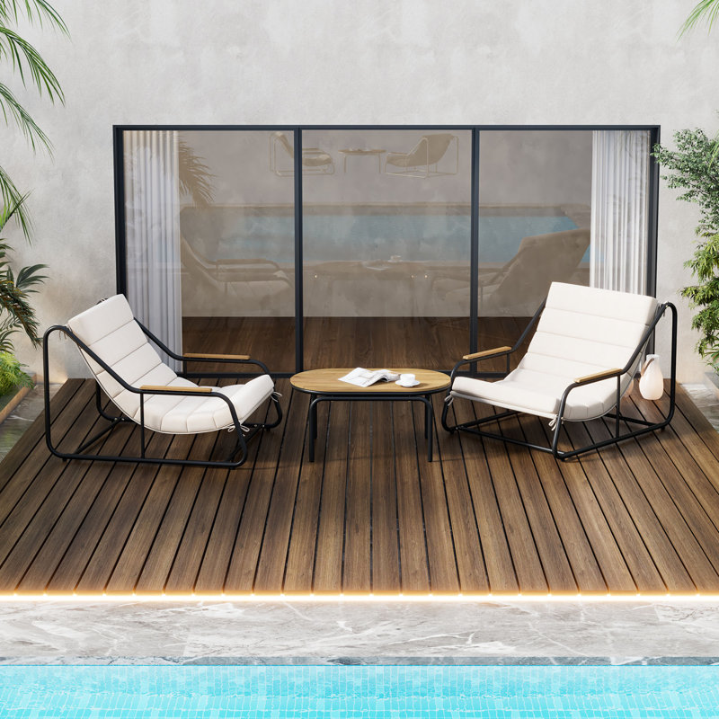 Ensemble de chaises longues d'extérieur 3 pièces avec table d'appoint en acacia pour piscine, patio ou terrasse, Noir