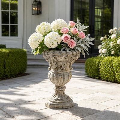 Hand-Painted Rustic Garden Planter Urn with Drainage Hole for Outdoor Planting and Decorative Landscaping Use