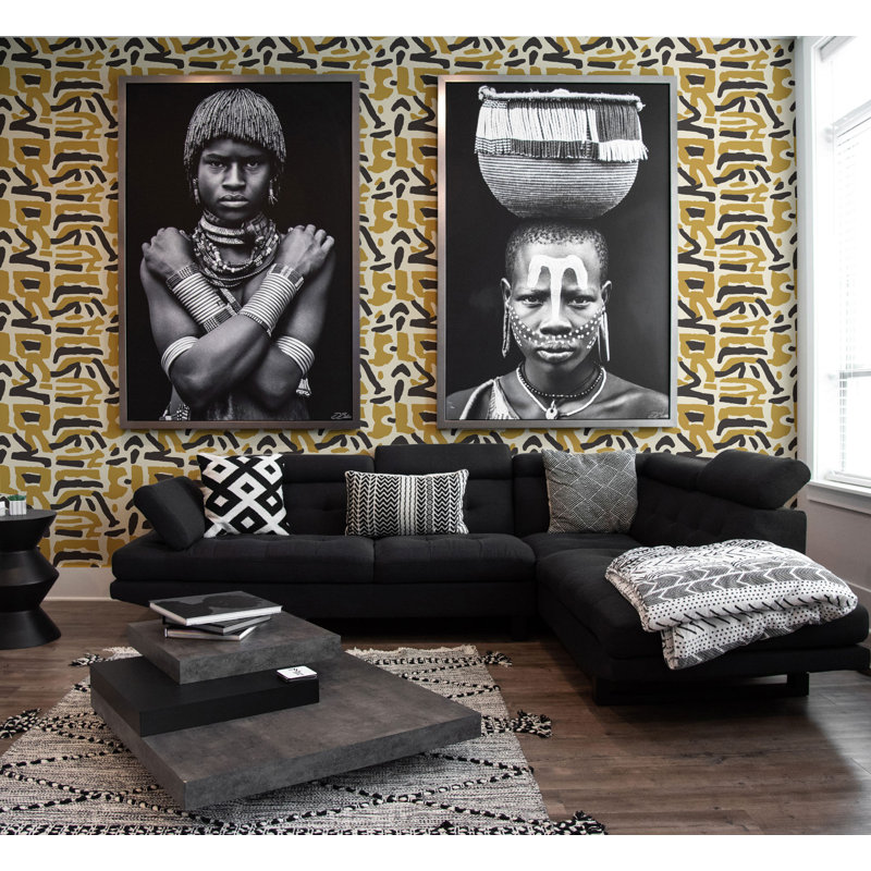 Tribal Traditions Wallpaper, Self-Adhesive, Black Gold, Vinyl
