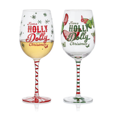 Holly Dolly Set of 2 "Have a Holly Dolly Christmas" Wine Glasses