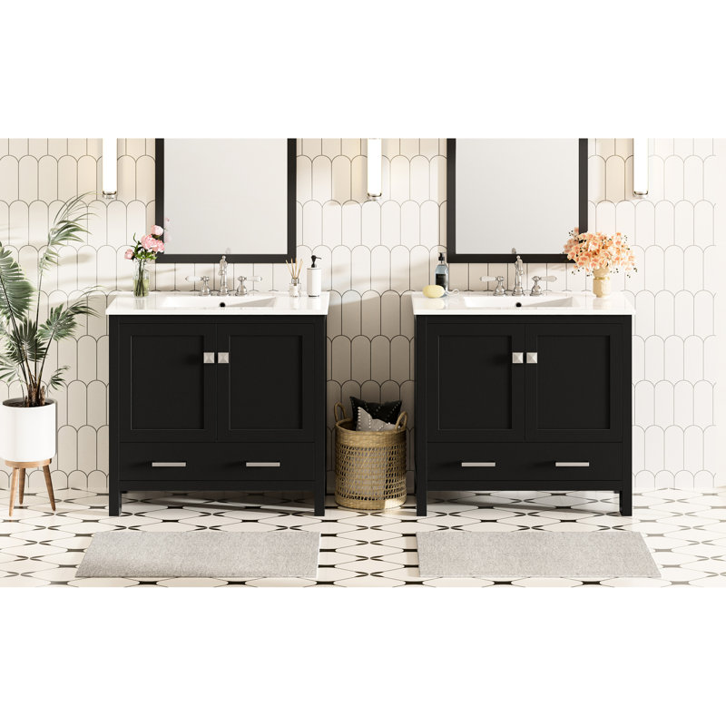 Armoire de salle de bain noire 72 po avec portes à fermeture en douceur et deux tablettes de rangement pour les meubles-lavabos de 72 po, amplement d'espace, charnières luxueuses
